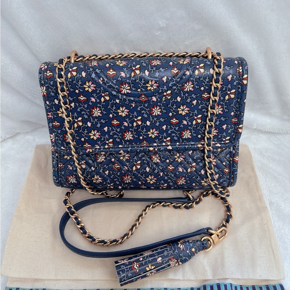 Tory Burch Navy Floral Quilted Crossbody Bag with Gold Chain